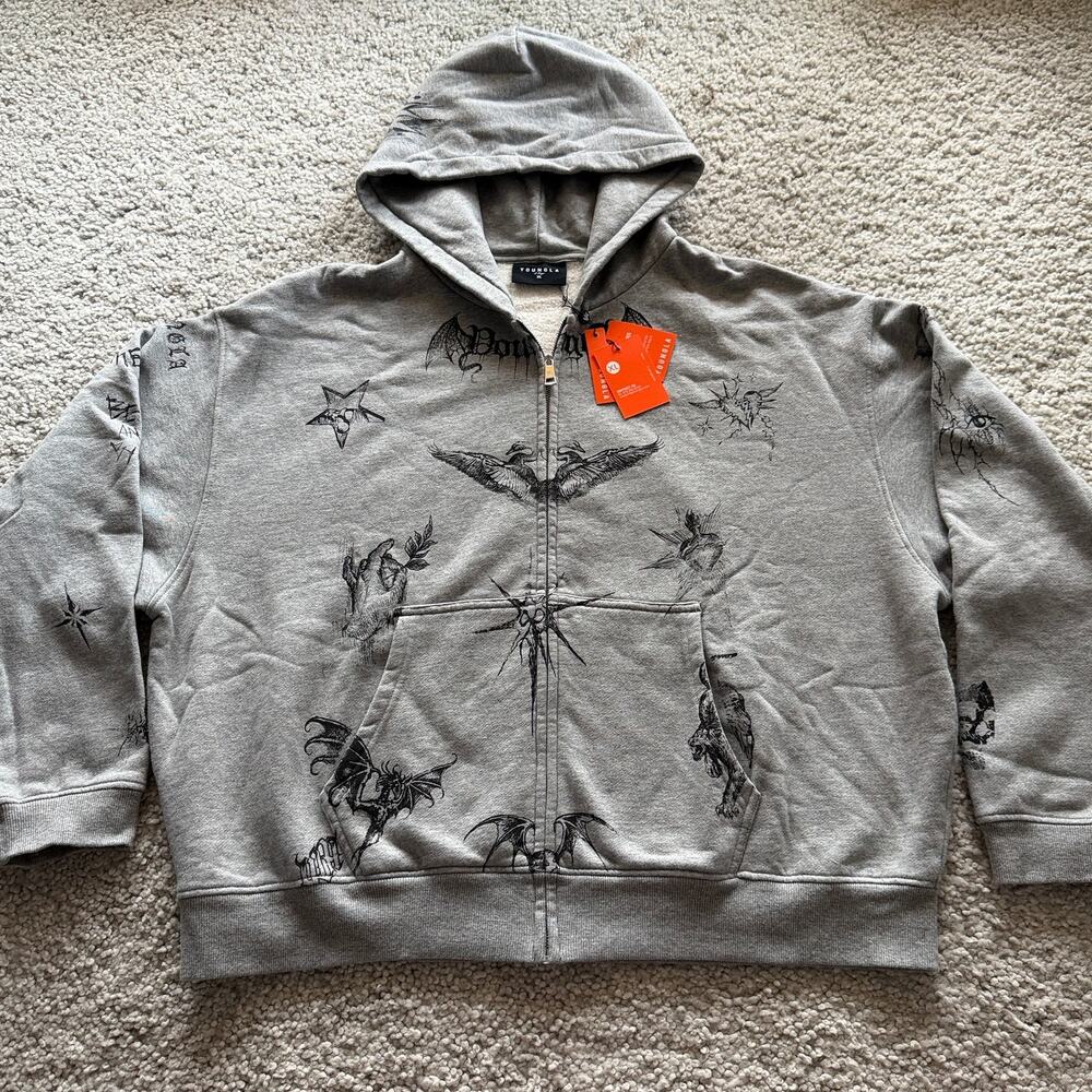Men's Graphic Crewneck Sweatshirt - Gray Skull & Tattoo Prints - Picture 6 of 8